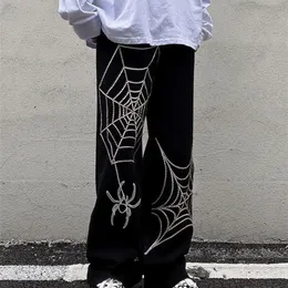 Grunge Punk Spider Print Print Black Women S calças góticas de streetwear de tamanho grande as calças de perna larga dos anos 90