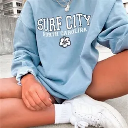 Vintage Blue Letter Printed Sweatshirt Women Hoodie Overdimensionerad långärmad vinter toppar mode tonåringar flickor hoodies 220816