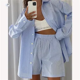 Wear Tracksuit Women Shorts Set Stripe Long Sleeve Shirt Tops And Loose High Waisted Mini Shorts Two Piece Set 220613