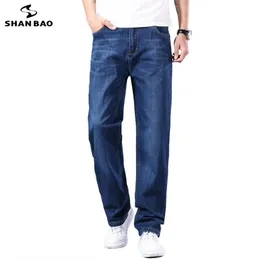 Shan Bao Cotton Stretch Mens Straight Summer Summer Thin Thin Spring Classic Brand Casual Lightweight Jeans Blue 220706