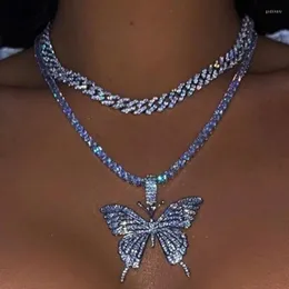 Łańcuchy 2pc/set luksus błyszczące, grube, dhinestone choker naszyjnik hip hop bling kryształowy motyl wisiorek nocny klub biżuterii godl22