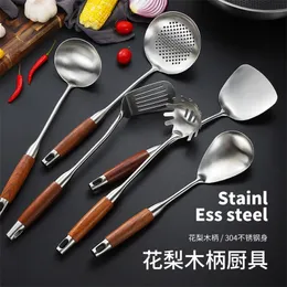 Rosewood Spatula 304 Rostfritt stål Köksutrustning Soppa Spoon Fishing Colander Hushåll Köksredskap Stek Spade Hot 210326