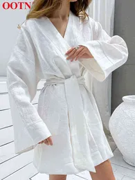 OOTN Casual Blanc Lâche Wrap Robe À Manches Longues Robe Pour Les Femmes D'été Automne Sexy Mini Solide Col En V Coton Robes 2022 Ceinture T220804