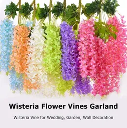 Wisteria sztuczne kwiaty winorośl wieniec Wedding Arch Dekoracja liść Rattan Trailing Silk Flower Ivy Wall Decors F0811