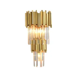 Art Deco LED Postmoderno Acero inoxidable Cristal Golden Lámpara LED transparente LED Lámpara de pared Lámpara de pared Luz de pared Aplique para Dormitorio H220420