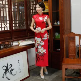 Ethnische Kleidung Blume weibliche Übergröße 3XL Cheongsam Sexy High Split Qipao Mandarin Kragen Abend Party Kleid Kleid Satin chinesische lange Vesti