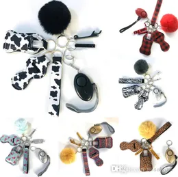 1set/8pcs Fashion Self Defense Keychains Set Pompom Alarm Keychain Lipstick Holder And Wristband For Woman Men Self-defense Keyring