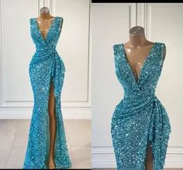 Açık Mavi Mermaid Gelinlik Modelleri Ayrılabilir Tren ile Seksi Sequins Kılıf Akşam elbise Aç Geri Tüyler Örgün Parti Elbise