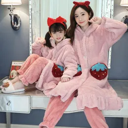 Women's Sleepwear Coral Fleece Hooded Pajamas Female Autumn And Winter Mother Daughter Nightgown Bathrobe Plush Parent-child Homewear SuitWo