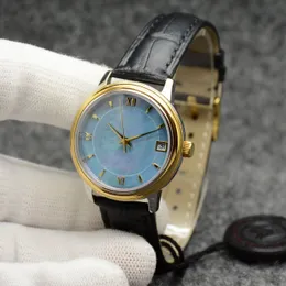 De Ville Prestige Uhr Automatik Mechanisch Goldgehäuse Blaues Muschelzifferblatt Schwarzes Lederarmband Datum Saphirglas 32mm Damen Miyota 2813 Armbanduhren