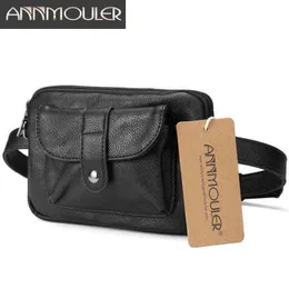 Annmouler Vintage Women Weist Bag Black Pu Leather Fanny Pack Multi Pocket Hip 2 Attleers Belt Adlemable Bum 220531