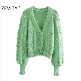 Zevity New Women Fashion V Neck Ball Applique Cardigan Knitt Sweater Lady Long Sleeve Casual Buttons Swatery Chic Tops S387 201016