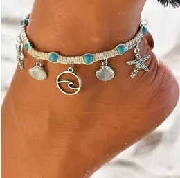 Starfish Woven Sea Wave Pendant Beach Anklet Turquoise Handmade Adjustable Rope Shell Ankles Bracelets