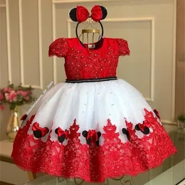 Czerwone perły 2022 Kwiat Girl Sukienki na ślub Zroszony Kryształ Krótki Rękaw Koronki Floral Baby Wedding Guest Dress