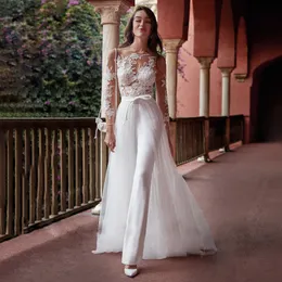 Modern Jumpsuit Wedding Dress med löstagbar tåg Boho Bridal -klänningsdräkt mantel Mariee långärmad
