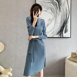 Casual Dresses Split Knitted Dress Women's 2022 Autumn Winter Thin Solid Color Sweater French Style Elegant Lady Vestido Clothing