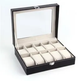 Fashion 10 Grids PU Leather Watch Boxes Storage Organizer Box Luxury Jewelry Ring Display Watch Case Black Display Case Box T200523