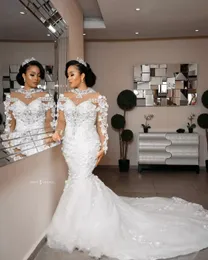 2022 árabe aso ebi luxuoso laço frisado cristais vestidos de casamento sheer neck vestidos de noiva sereia vestidos de casamento c0408236n