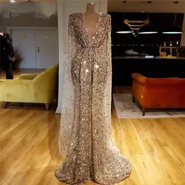 Glitter Sequined Prom Dresses Arab Dubai Beads Deep V Neck Mermaid Evening Dresses Luxury Long Sleeves Pageant Dress Custom Made BES121