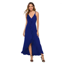 Casual Dresses 2022 Summer Women's Fashion Sexy Solid Deep V Neck Spaghetti Straps Sleeveless Backless Elastic Waist Ankle Lenght Dress Ladi