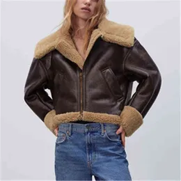 PBZA2021 nuova giacca invernale in similpelle da donna allentata casual pelliccia marrone integrata cappotto da moto effetto pelliccia artificiale L220728