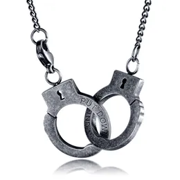 Vintage Handcuff Necklace for Men Stainless Steel Cool Black Silver Plated Handcuffs Pendant Chain 24 Inch Engraved