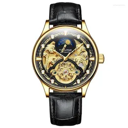 Przyjazdy rzeźbione szkielety księżycowe Męskie Męsło Automatyczne mechaniczne zegarek na rękę Tourbillion Watch Prezent Bezpłatny statek