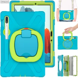 360 Samsung Galaxy Tab S7 Plus Case 2020 T970 T975 S7 11 "T875 보호 덮개 용 360 회전 핸드 스트랩 킥 스탠드 태블릿 케이스