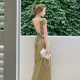 Elegante Frauen Grün Satin Backless Mixi Kleid Kurzarm Spitze V-ausschnitt Bandage Vintage, Figurbetontes Kleid Robe Sommer Vestidos 220423