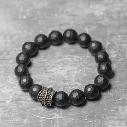 Beaded Strands 12mm Facet Matte Black Agate Bracelet Big Beads Handcrafted Antique Brass Charm Metal Punk Men Jewelry Elastic Stretch Wrist