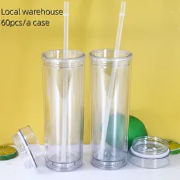 Local warehouse 16oz Clear Acrylic Skinny Tumblers with Lids and Straws 2 layer Plastic Tumblers with color Straw US STOCK