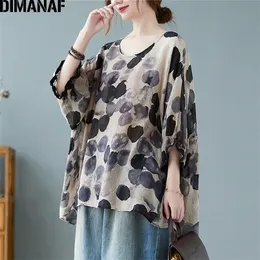 Dimanaf Summer Plus Tshirt Women Clothing Exclues Bring Print Lady Tops Loose Tshirt Blouse Cotton Tunic 220527