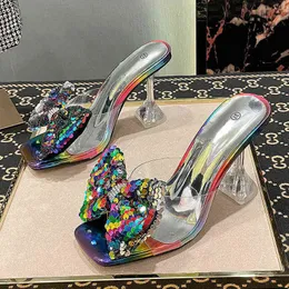 Transparent PVC Crystal Clear Heeled Women Slippers Fashion Fish Scales Bow High Heels Female Mules Slides Summer Sandals Shoes 220520