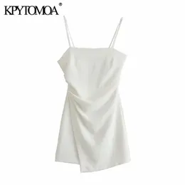 Kpytomoa Frauen Mode mit gesammelten Wrap Asymmetrischen Mini -Kleid Vintage Rückenless Reißverschluss Dünne Rippen Frauen Kleider Vestidos 220516