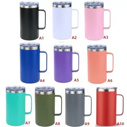 24oz Coffee Mug Stainless Steel Ice Beer Cups Double Wall Vacuum Insulated Camping Travel Tumbler Cup With Handle & Closed Spill Proof Lids F0414