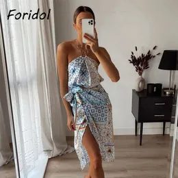 Foridol Summer Satin Dress 세트 여성 Halter Crop Top Skirt Pants Set Suits Vintage Beach Floral Print Boho Two Cost Set 220725