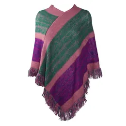 Basker kvinnor etnisk stickad poncho cape färgblock randiga tofsar pullover tröja v-ringning vinter varm sjal wrap dropshipberets beretsbere