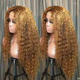 Bouncy Curly Ombre Honey Blonde Spets Front Human Hair Wigs With Baby Silk Base Full Wig Curl Headband 360 Front Tobi22