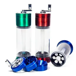 Rökning Tillbehör Hand Cranked Plastic Canister Smoke Mini Grinders 63mm od 4 lager Herb Grinder Zink Alloy Plus Acrylic Heady Tobacco Crusher GR182GR183