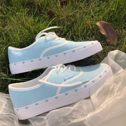 Sepatu Kanvas Wanita Musim Panas Biru Berenda Kasual Flat Tenis Vulkanisasi Sneakers Anak Perempuan