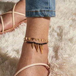 Trendy 2 teile/satz Schwarz Perlen Fringe Fußkettchen für Frauen Boho Geometrie Legierung Fuß Kette Sommer Schmuck Geschenk Zubehör