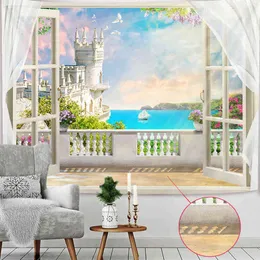 Tapestry 3D Window Sea Home Decor Wall Fabric Castle Flowers Vineyards Mandala