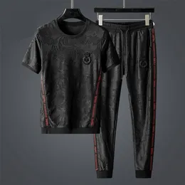 High end luxury leisure sports suit men s summer loose Korean trend set of clothes T shirt short sleeve trousers two piece 220615