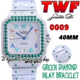 TWF TO TW0009 JAPIN MIYOTA Automatyczne męże zegarek zielony diamenty ramka w pełni lodowana diamentowa tarcza Rainbow Arabskie markery stalowe bransoletka super edycja wieczne zegarki wieczne