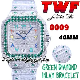 TWF TW0009 JAPAN MIYOTA Automatisk herrklocka Green Diamonds Bezel Fullt Iced Out Diamond Dial Rainbow Arabiska markörer Stålarmband Super Edition Eternity Watches