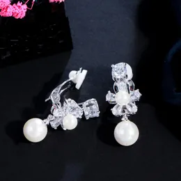 Clip-on & Screw Back BeaQueen Non Pierced Lovely Flower Shape Cubic Zircon Crystal Pearl Earrings Clip On Ear Engagement Jewelry For Women G