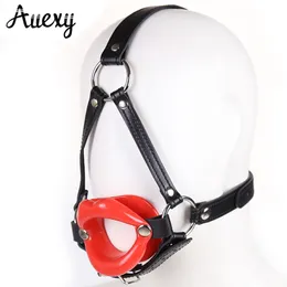 Auexy silikon öppen mun gag oral sexig faux läder sele bondage huvhuvudet återhållsamhet för par kraft