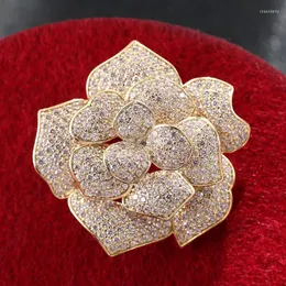 Pins Brooches Cubic Zirconia Micro Pave Camellia Flower Rhinestone Broach Luxury Crystal Floral Pin For Women Accessory Seau22