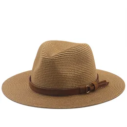 Jazz Straw Hat Kvinnor Party Bowler Cap Utomhus Män Strand Solskydd Solskydd Stor Brim Fedora Hattar med Brunt Bälte