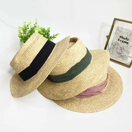 Nowa wstążka słoma dla kobiet Letnie Oddychające Płaskie Brim Sun Girls Holiday Beach Sunscreen Cap Visor Hat